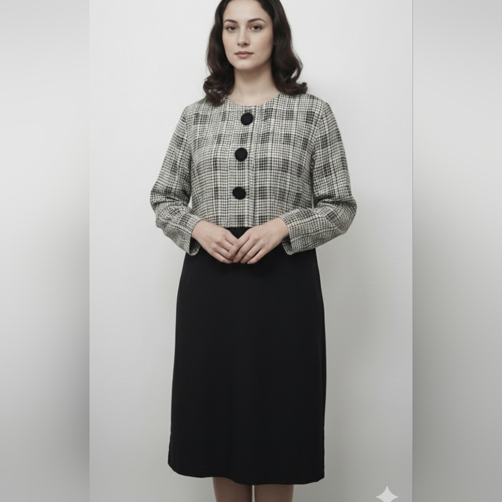 Vintage Ultra Dress Black White Gingham Pleated Office Retro Classic 22W